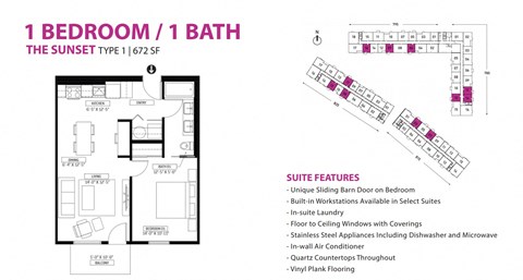Floor plan for 1 bed, 1 bath, 672 sqft